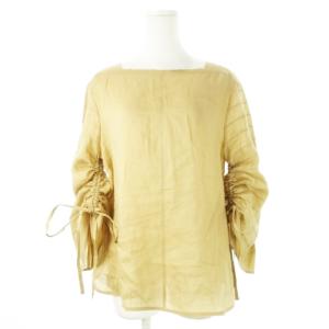 リネンブラウス スクエアネック 長袖 麻 ギャザースリーブ タック リボン シアー 1 S ベージュ /CK20