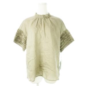 リネンブラウス ハイネック 半袖 麻 ギャザー フリル 2 M 緑 カーキ /CK19