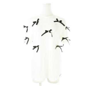 Adonisis カットソー クルーネック 丸首 半袖 ストレッチ リボン パール ロゴ 刺繍 L 白 ホワイト /CK26