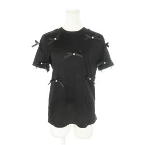 カットソー Tシャツ クルーネック 半袖 リボン パール ストレッチ F 黒 ブラック /AH15