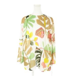 ブラウス クルーネック 長袖 シアー 透け感 ボタニカル 総柄 2 M 白 ホワイト /AH16