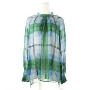 シースルーブラウス ハイネック 長袖 シャリ感 透け感 バックボタン チェック 2 M 緑 グリーン /CK22