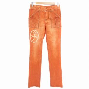 イージーパンツ 転写プリント デニム風 スリムテーパード 40 オレンジ /AE