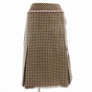 美品 タイトスカート 裾フリンジ ビジュー 格子柄 ひざ丈 38 S 茶 ブラウン /AE