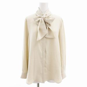 美品 ノーカラーブラウス シャツ ドレープ フロントフライ ボウタイ 長袖 38 M ベージュ /AE