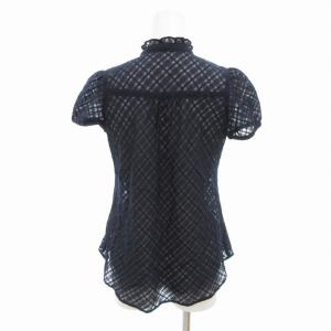 BURBERRY BLUE LABEL シャツ ブラウス チェック柄 ロゴ 刺繍 シースルー 半袖 36 紺 ネイビー /HO