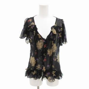 ブラウス 花柄 シースルー 絹 シルク 半袖 黒 ブラック /HO