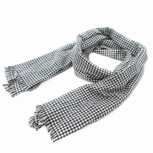 マフラー 千鳥柄 フリンジ カシミヤ混 白 ホワイト 黒 ブラック /JS