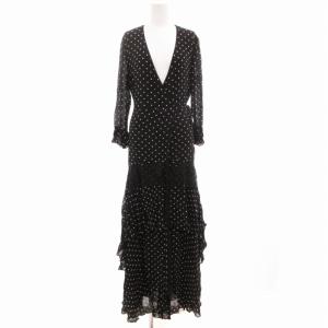 ラップワンピース 長袖 ロング ドット柄 レース切替 38 黒 ブラック 白 ホワイト /GV