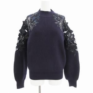 美品 エンブロイダリーハイネックニットプルオーバー セーター レース リブ 長袖 F 紫 パープル FWNT221083