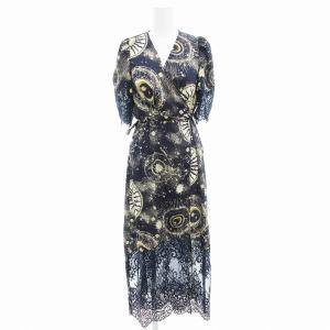 HOME 美品 カシュクールラップワンピース 総柄 レース 半袖 ミモレ ロング F 紺 ネイビー /AE