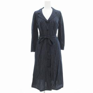 美品 シャツワンピース 長袖 マキシ ロング ドット柄 36 S 紺 ネイビー 白 ホワイト /OU