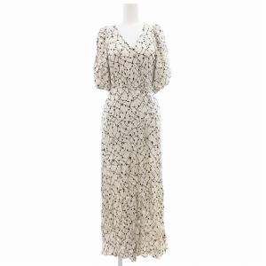 美品 カシュクールサテンワンピース 総柄 5分袖 マキシ ロング 1 M ベージュ FWFO231212
