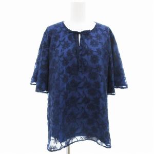 美品 シャツ ブラウス プルオーバー クルーネック レース 5分袖 L 紺 ネイビー /AE