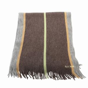 PAUL SMITH マフラー ストライプ ロゴ 刺繍 フリンジ ウール 茶 ブラウン /HO