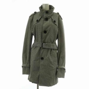 ステンカラーコート アウター ミドル ハイネック 千鳥格子柄 総柄 裏地チェック柄 ベルト付き L 黒