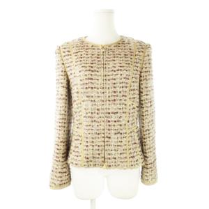 ノーカラージャケット ファンシーツイード ダブルジップ パイピング 小さいサイズ 34 XS ベージュ