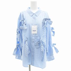 ドットリボンパッチシャツ ブラウス 長袖 M 青 ブルー 黒 ブラック /GV