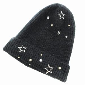 リブシャロットニット帽 ビーニー スター装飾 ビジュー モヘア混 黒 ブラック /GV