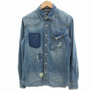 デニム ウェスタンシャツ 長袖 ダメージ リペア加工 L 紺 ネイビー /OU