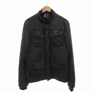 キルティングジャケット ブルゾン ナイロン ラムレザー切替 ダブルジップ リブ ハイネック M 黒 ブラック