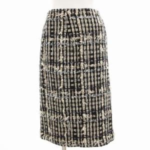 タイトスカート ひざ丈 フラワーモチーフ シルク混 1 黒 ブラック 白 ホワイト /UD