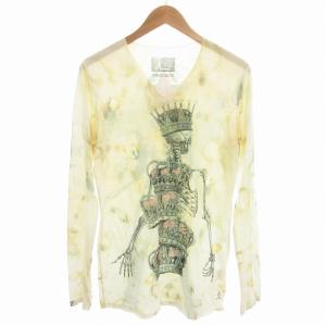 ロンT Tシャツ Vネック 骸骨 総柄 長袖 L アイボリー /AE