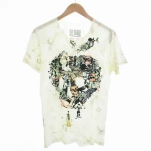 Tシャツ カットソー Vネック 総柄 半袖 L アイボリー /AE