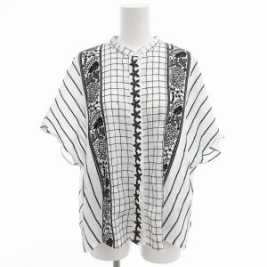 シャツ 半袖 バンドカラー 総柄 白 ホワイト 黒 ブラック /OU