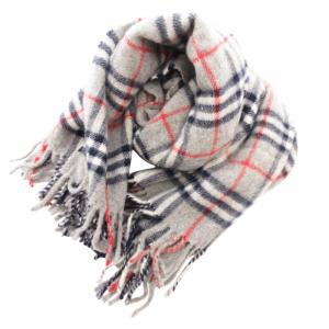 チェックマフラー ストール フリンジ ホース刺繍 ロゴ ウール グレー /GV