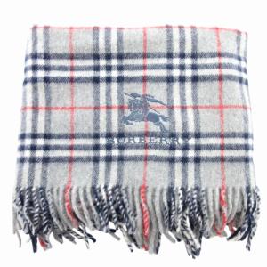 BURBERRY LONDON チェックマフラー ストール フリンジ ホース刺繍 ロゴ ウール グレー /GV