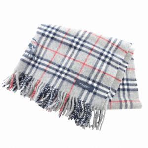 BURBERRY LONDON チェックマフラー ストール フリンジ ホース刺繍 ロゴ ウール グレー /GV