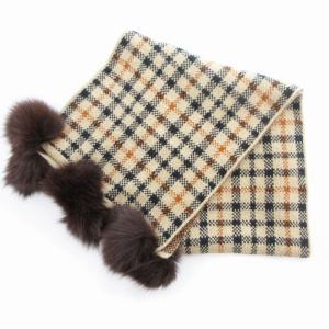 DAKS タグ付き マフラー ストール ハウスチェック フォックスファー アンゴラ混 ベージュ 黒 ブラック オレンジブラウン