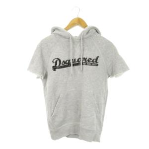 プルパーカー 半袖 スウェット 裏毛 ダメージ加工 クラックプリント ロゴ S グレー /MN16 GY03