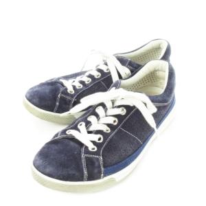 スニーカー スエード 革 パンチングメッシュ レースアップ ステッチ ロゴ 4 24.0cm 青 ブルー