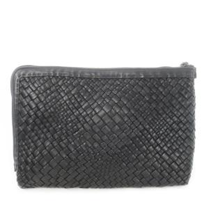 FALORNI ITALIA クラッチバッグ レザー メッシュ 編み込み 本革 L字ファスナー 黒 ブラック /CK13