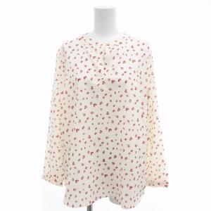 ブラウス 長袖 総柄 キーネック PM アイボリー 赤 レッド /OU