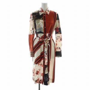 シャツワンピース 総柄 長袖 ロング ロゴ ベルト付き 絹混 シルク混 マルチカラー GY19 /MQ