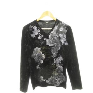 長袖カットソー Vネック ベロア 光沢感 ストレッチ プリント テキスト 花柄 総柄 2 M 黒 ブラック