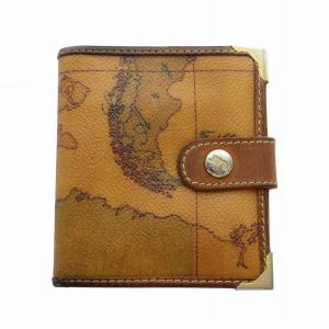 二つ折り財布 ウォレット ミニ ロゴ 地球柄 PVC レザー 茶 ブラウン GY11 /MQ