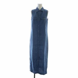 シャツワンピース デニム ロング ノースリーブ ロゴ 麻 リネン S 青 ブルー GY18 /MQ