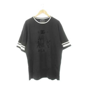 Tシャツ クルーネック 半袖 五分袖 フロッキープリント ライン リブ襟 コットン 52 XL 黒 ブラック