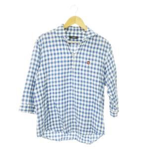 リネンシャツ スキッパー ハーフボタン 七分袖 麻 ギンガムチェック 刺繍 L 青 ブルー /AO19