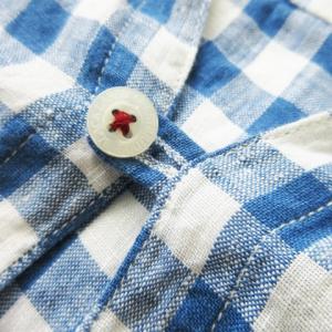 BLACK LABEL CRESTBRIDGE リネンシャツ スキッパー ハーフボタン 七分袖 麻 ギンガムチェック 刺繍 L 青 ブルー /AO19