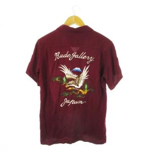 アロハシャツ オープンカラー 開衿 半袖 刺繍 和柄 鷹 鷲 富士山 S 赤 レッド ワイン /CK12