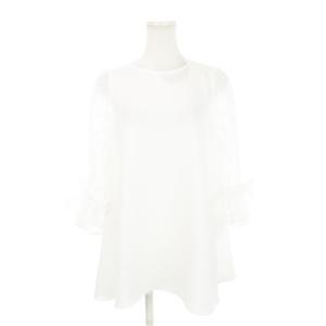 ブラウス カットソー ラウンドネック 七分袖 シアー キャンディースリーブ リボン ローズ フロッキープリント