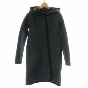 キルティングコート ロング アウター フード フーディ フリース 迷彩柄 イギリス製 36 M 紺 ネイビー