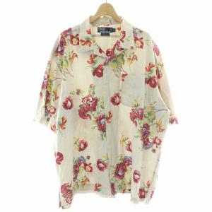 90s オープンカラーシャツ 開襟シャツ 半袖 シアサッカー 花柄 総柄 アロハ XXL 灰 グレー 赤