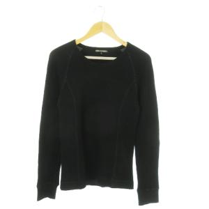 カットソー Tシャツ ラウンドネック 長袖 ワッフル 切替 リブ ラグラン 起毛 2 M 黒 ブラック