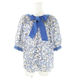 PRET-A-PORTER ヴィンテージ ブラウス ラウンドネック 五分袖 花柄 総柄 リボン S 青